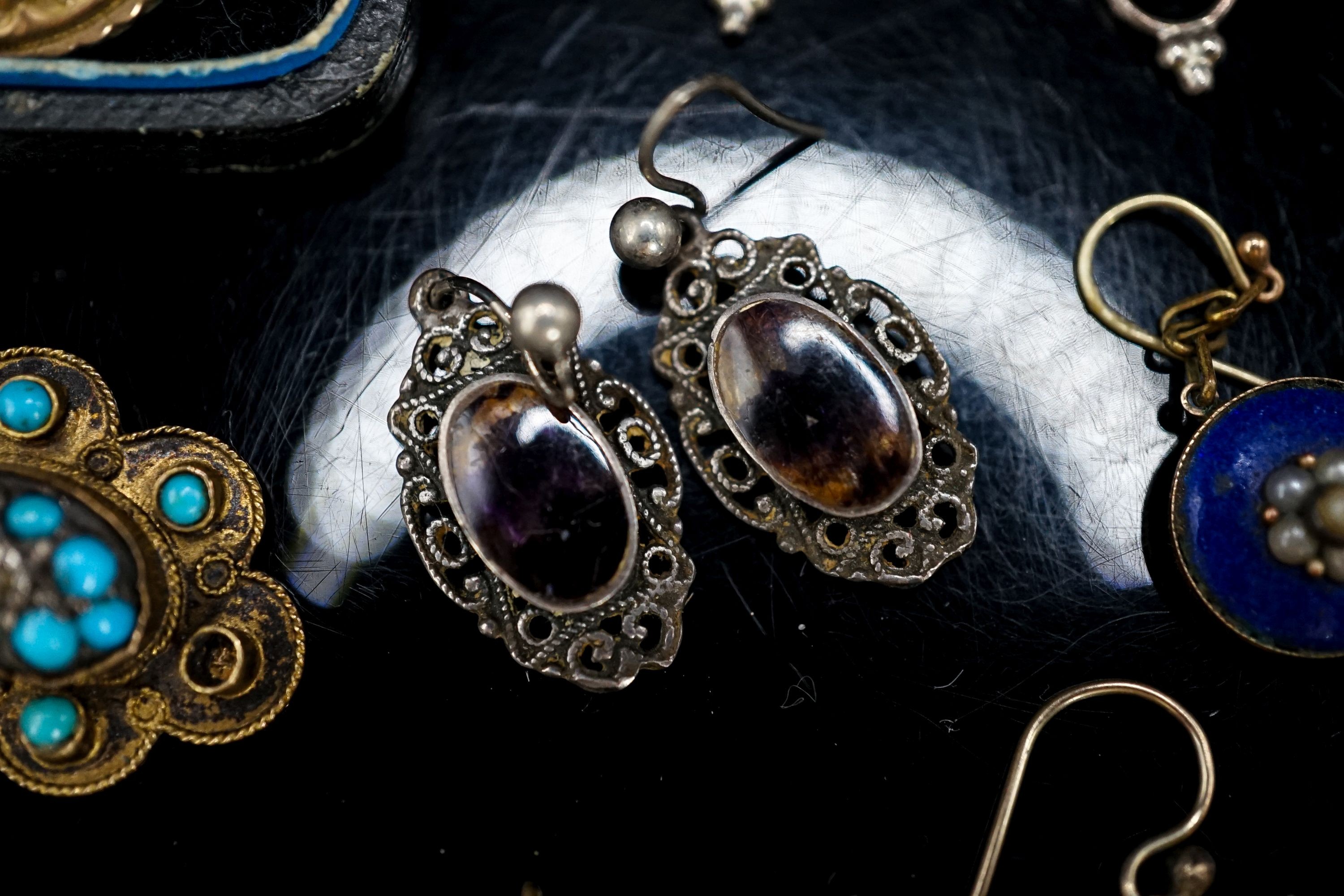 Eight assorted pairs of Victorian and later earrings including yellow metal and coral set, one odd earing and a pendant and two chains (some a.f.).